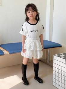 DAZY Set de 2 piezas de blusa de manga corta con estampado y cuello redondo + falda de tul con encaje, conjunto de ropa de verano para niñas