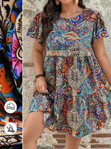 SHEIN LUNE Vestido veraniego de talla grande para mujer con cuello redondo, manga corta y diseño colorido, vestido corto de línea A para vacaciones, atuendo de playa y festival para mujer
