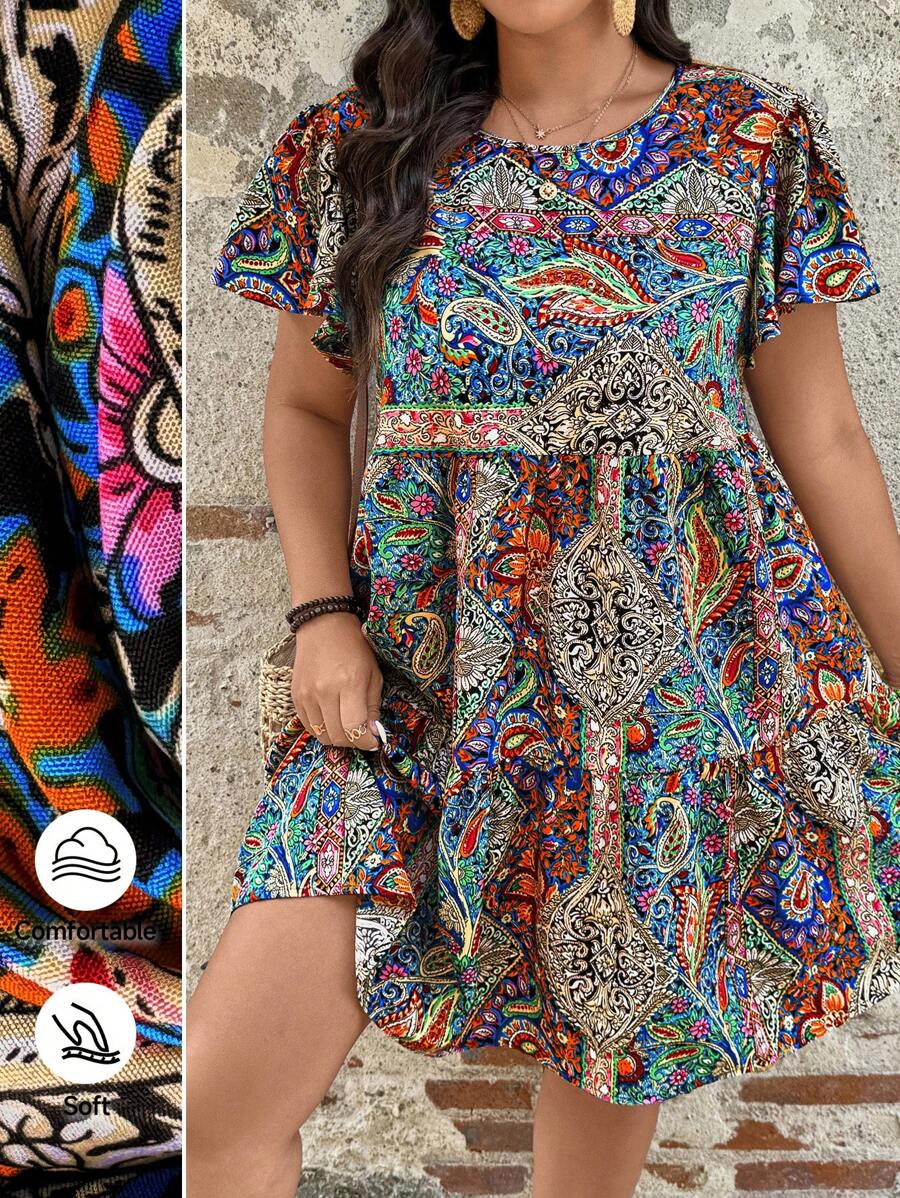 SHEIN LUNE Vestido veraniego de talla grande para mujer con cuello redondo, manga corta y diseño colorido, vestido corto de línea A para vacaciones, atuendo de playa y festival para mujer