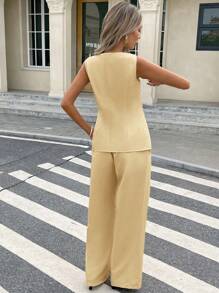 Serisse Women's Solid Color Button Decor Sleeveless Top And Long Pants Two Pieces Outfit, Simple Office Commute Summer Casual - Yellow - View 2