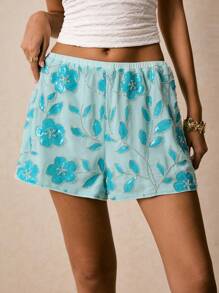 Poéselle 女士刺绣亮片装饰弹性腰部夏季时尚短裤 - 藍色 - 查看 5