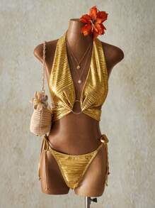 SHEIN ICON Set de 3 trajes de baño sin espalda con recubrimiento para mujer, atuendos para el 4 de julio - Dorado - Ver 9