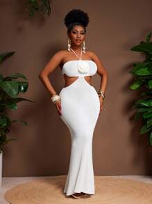 Slaydiva Rochie maxi albă, lungă, mulată, mărime plus, elegantă pentru vacanță, primăvară/vară - alb - Vizualizare 5