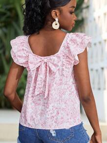 SHEIN Teen Girl Casual Ditsy Floral Bow Back Ruffled Short Cap Sleeve Blouse, Spring/Summer Daily & Holiday, Beach Vacation