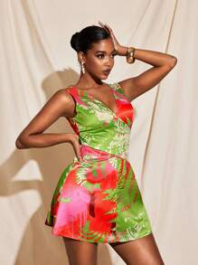 Eva Novielli 夏季热带印花缎面 V 领迷你连衣裙女式度假休闲优雅连衣裙 - 彩色 - 查看 5