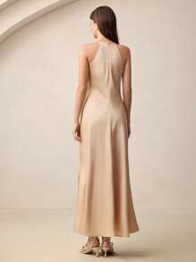BizChic Rochie de vară elegantă și versatilă pentru femei 2025, fără mâneci, potrivită pentru afaceri, casual, vacanță la plajă, invitată la nuntă, festival de muzică country, brunch, ținută de aeroport - stil Stockholm, independență americană, rochie lungă din satin - Șampanie - Vizualizare 3
