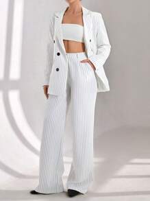 CLARA VERO Conjunto de traje elegante con camisa de botones a rayas blancas para mujer