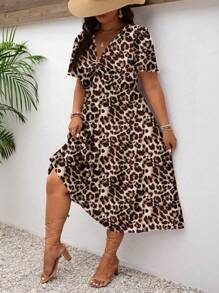 SHEIN Frenchy Casual Minimalist Summer Vacation V-Neck Leopard Print Bodycon Midi Dress, Plus Size Fall Clothes Chic Dress - Multicolor - View 4