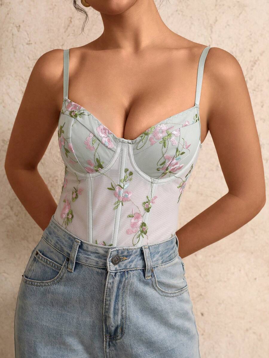 Glamine 女士花卉刺绣装饰无袖紧身衣 - 薄荷綠 - 查看 1