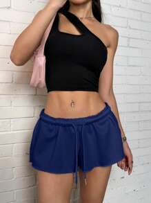 SHEIN EZwear Navy Blue Elastic Waist Loose Women's Casual Shorts, Summer,Micro Shorts - Navy Blue - View 6