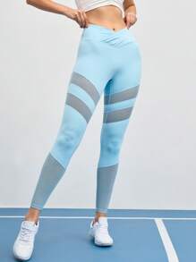SHEIN Sports Solid Color Mesh Panel Crossover Waist Tight Fit Active Leggings - Baby Blue - View 3