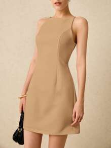 Poéselle Women Solid Color Minimalist Sleeveless Zipper Back Mini Dress - Khaki - View 6