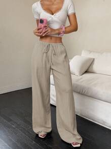 SHEIN PETITE Pantalones anchos de mujer de unicolor con bolsillos y cordón