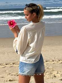 DAZY 女式休闲灯笼袖衬衫，正面纽扣图案印花，度假风格，沙滩装，秋季女装长袖上衣 - 米色 - 查看 6