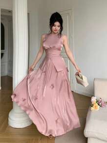 Feyla Handgemachtes 2-teiliges Set aus 3D-Blumen Ärmelloses Top und taillierenden Wickelrock, romantisches und elegantes Outfit für ein Date