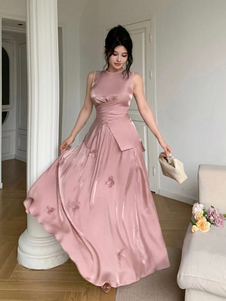 Feyla Handgemachtes 2-teiliges Set aus 3D-Blumen Ärmelloses Top und taillierenden Wickelrock, romantisches und elegantes Outfit für ein Date