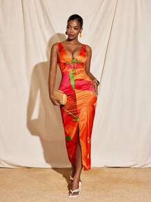 Eva Novielli All-Over Floral Printed Satin Low Neck Corset Top Center Split Midi Dress Women Summer Vacation - Multicolor - View 7