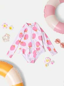 SUMWON Girls Long Sleeve Sun Protection One Piece Swimsuit With Sweet Summer Pattern And Ruffle Detail, Perfect For Beach Pool Swimming - Multicolor - View 1