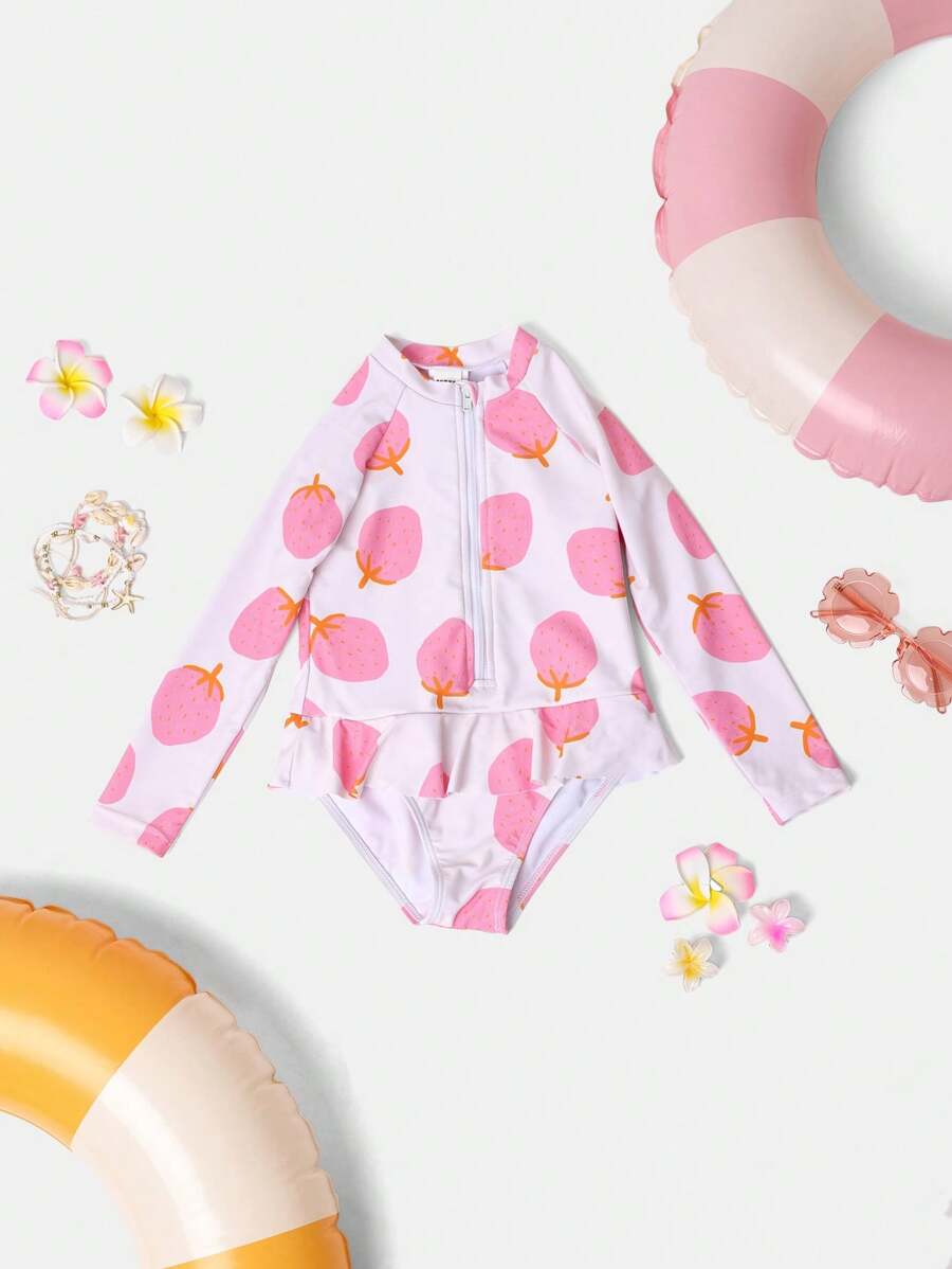 SUMWON Girls Long Sleeve Sun Protection One Piece Swimsuit With Sweet Summer Pattern And Ruffle Detail, Perfect For Beach Pool Swimming - Multicolor - View 1