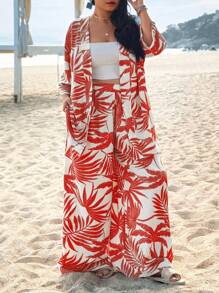 SHEIN VCAY Conjunto de 2 piezas de camisa y pantalón con estampado de hojas, talla grande, adecuado para vacaciones