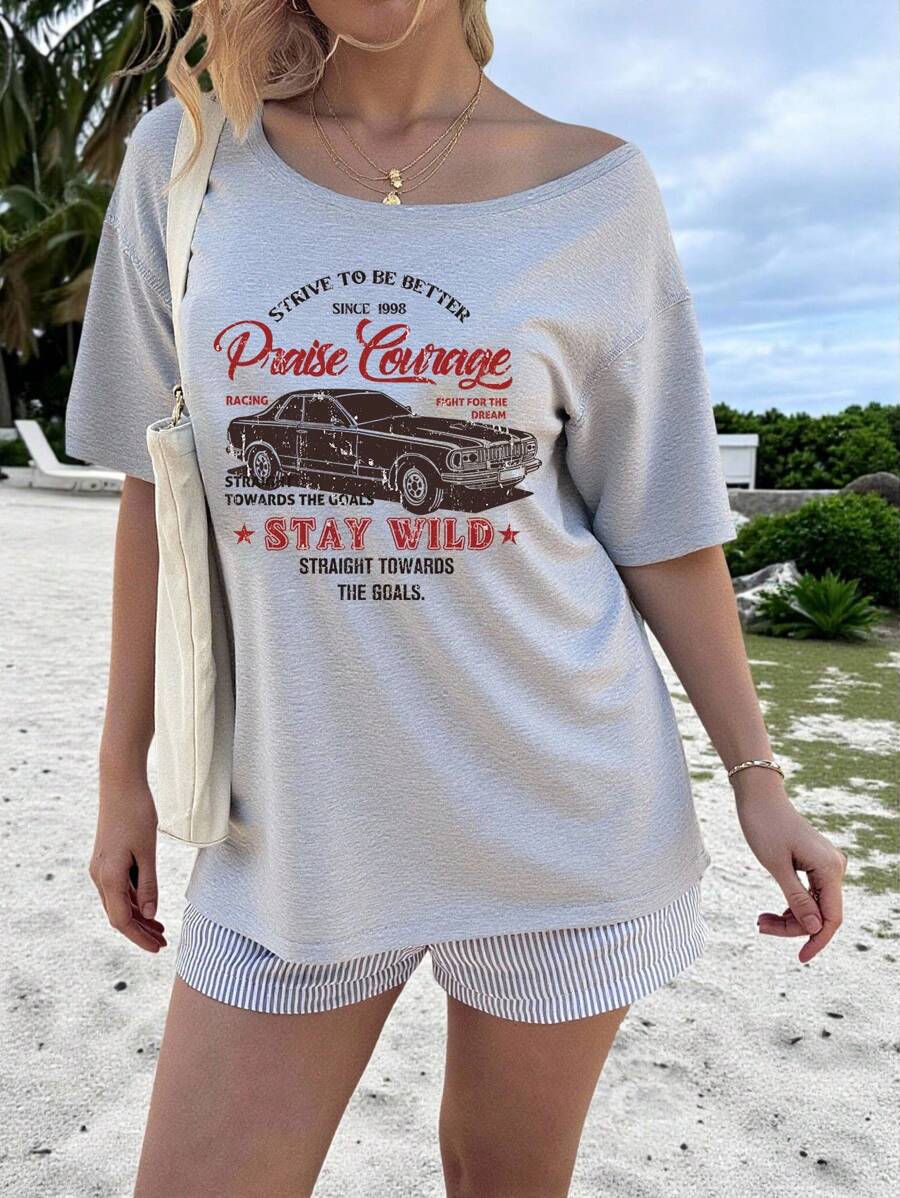 SHEIN Essnce Vintage Casual Minimalist Car Graphic Grey Plus Size Women T-Shirt, Suitable For Summer - Light Grey - View 1