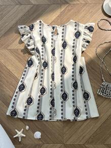 Flirla Blusa holgada con estampado retro y mangas cortas para tallas grandes de verano