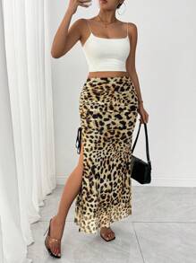 Gloray Women's Mesh Leopard Print Drawstring Ruched High Slit Elegant Skirt Fall Cloth For Women - Yellow - View 4