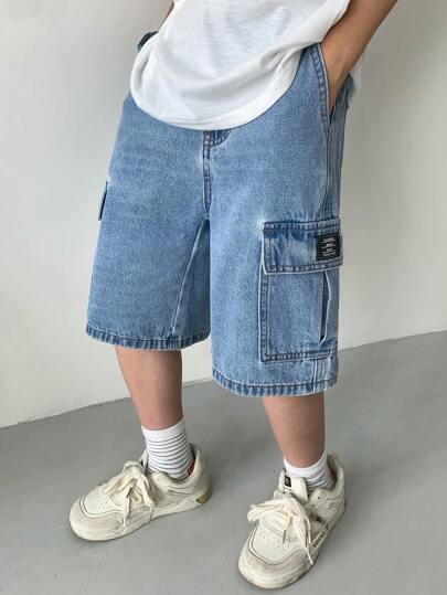 SHEIN Tween Boy Fashion Casual Y2k Vintage Cool The Workwear Pocket Design Features Blue Loose And Comfortable Workwear Denim Shorts For Kids Clothes Boys Costume Dailywear And Kids Summer And Spring Rave Outfits Festival And Beach Outfits Clothes