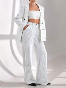 CLARA VERO Conjunto de traje elegante con camisa de botones a rayas blancas para mujer