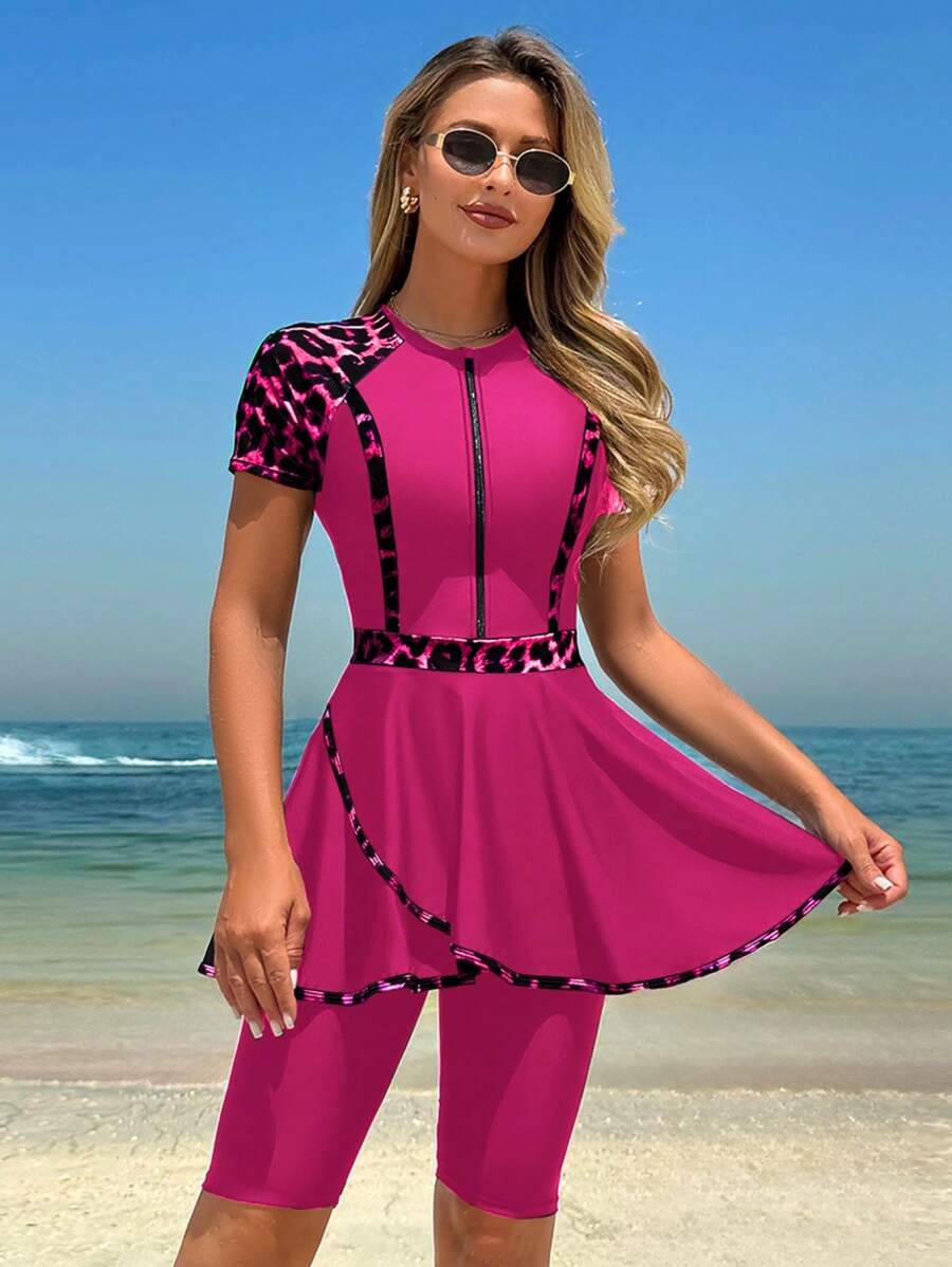 Swim Shayni 女士豹纹短袖拉链泳衣配短裤，比基尼泳装沙滩装，夏季 - 玫紅色 - 查看 1