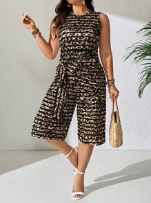 Calvaya Plus Size Soft Knit Leopard Stripe Print Round Neck Sleeveless Bowknot Waist Wide Leg Capri Pants,Summer,Tie Dye,Smart Casual,Everyday Women Clothes - Multicolor - View 6