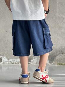 Young Boys Casual Solid Color Loose Cargo Shorts With Big Pockets, Elastic Waist, Minimalist Versatile Bottom Wear Suitable For School, Birthday Parties, Performances, Weddings, Baptisms, School Openings, Daily Wear, Spring And Summer