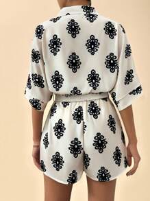 SHEIN LUNE Bộ đồ liền thân in họa tiết tay cánh dơi cổ buộc cho nữ - Nhiều màu - Xem 2