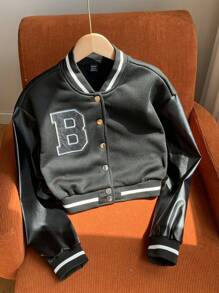 SHEIN EZwear Letter Patch Detail Drop Shoulder Crop Varsity Black Baseball Jersey Jacket In Fall/Winter - Black - View 6