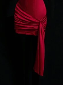 SHEIN ICON 女士红色优雅紧身迷你连衣裙，配有腰部荷叶边腰带 - 紅色 - 查看 4