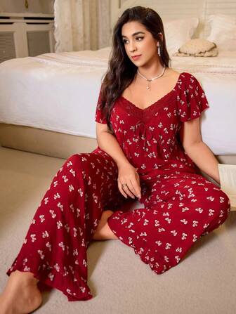 CottageSlumber Plus Size Women Lace Patchwork Sweetheart Neck Bowknot Romantic Bow Print Short Sleeve Top & Pants Pajama Set Bountiful Floral Splendor Cozy And Elegant Details