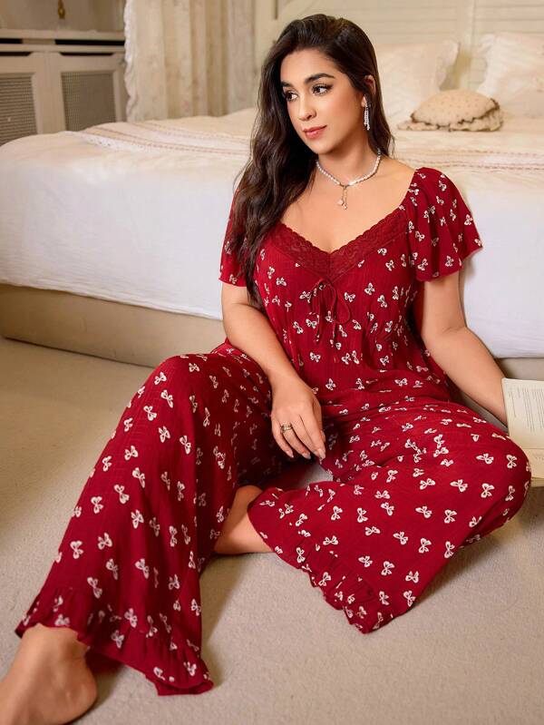 CottageSlumber Lace Patchwork V-Neck Bowknot Romantic Butterfly Print Plus Size Short Sleeve Pajama Set ,Vacation