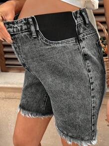 SHEIN Pregnant Women Dark Grey Raw Edge Skinny Denim Shorts - Black - View 7