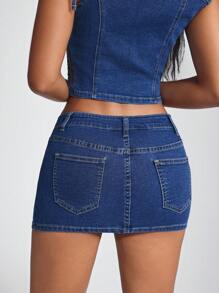 SHEIN ICON Minifalda de mezclilla lavada con cintura baja y cordón - Azul lavado oscuro - Ver 2