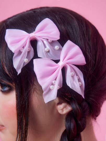 Kawaii 4pcs Cute Bow Knot & Pearl Detail Hair Clips, High-Quality Ombre Pink Duck Clip Hair Accessories, Unique Fashion Versatile Hairpin Claw Clips Hair Slide Hair Barrettes