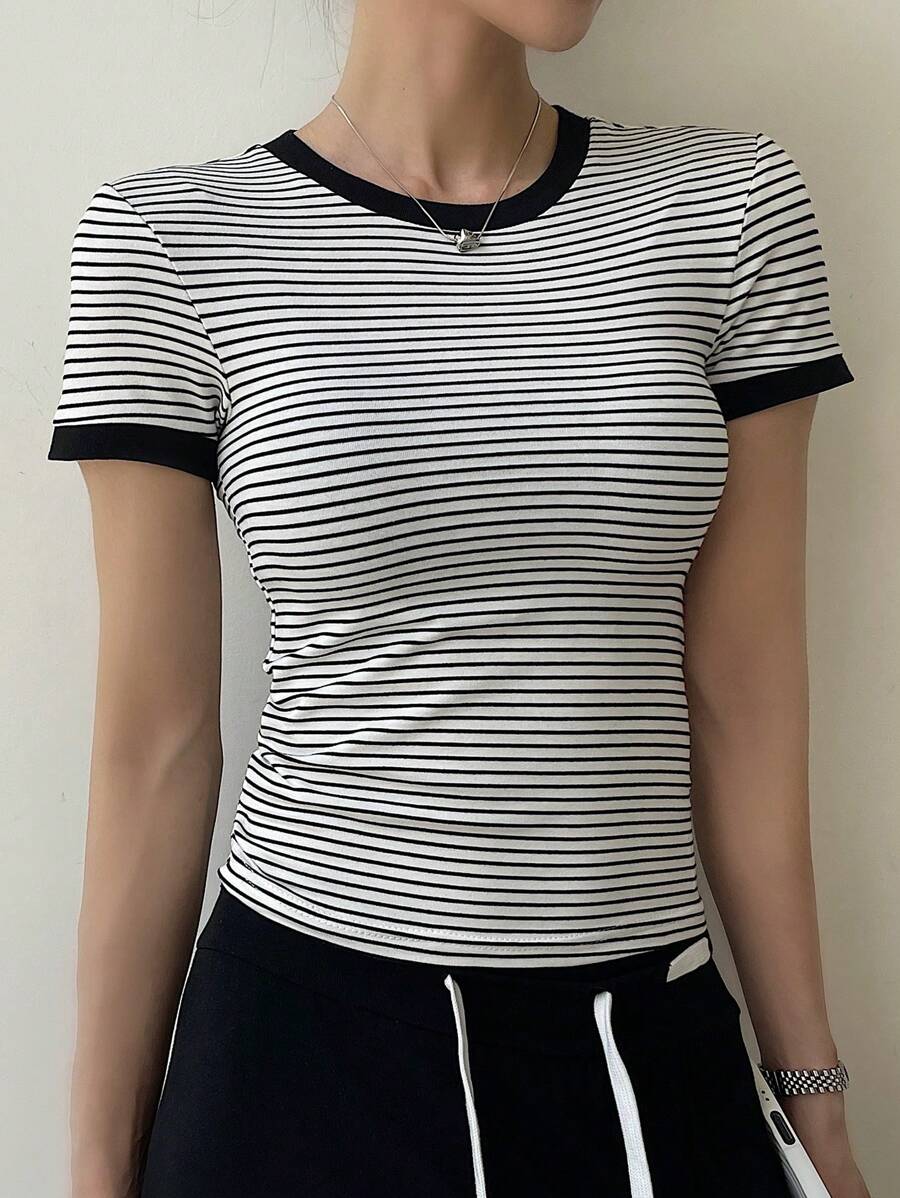 DAZY Áo thun nữ tay ngắn kẻ sọc đa năng thường ngày, mùa hè - trắng - Xem 1