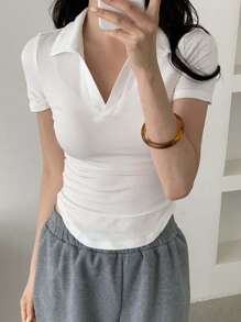 DAZY White Polo Style Short Sleeve T-Shirt For Women - White - View 5