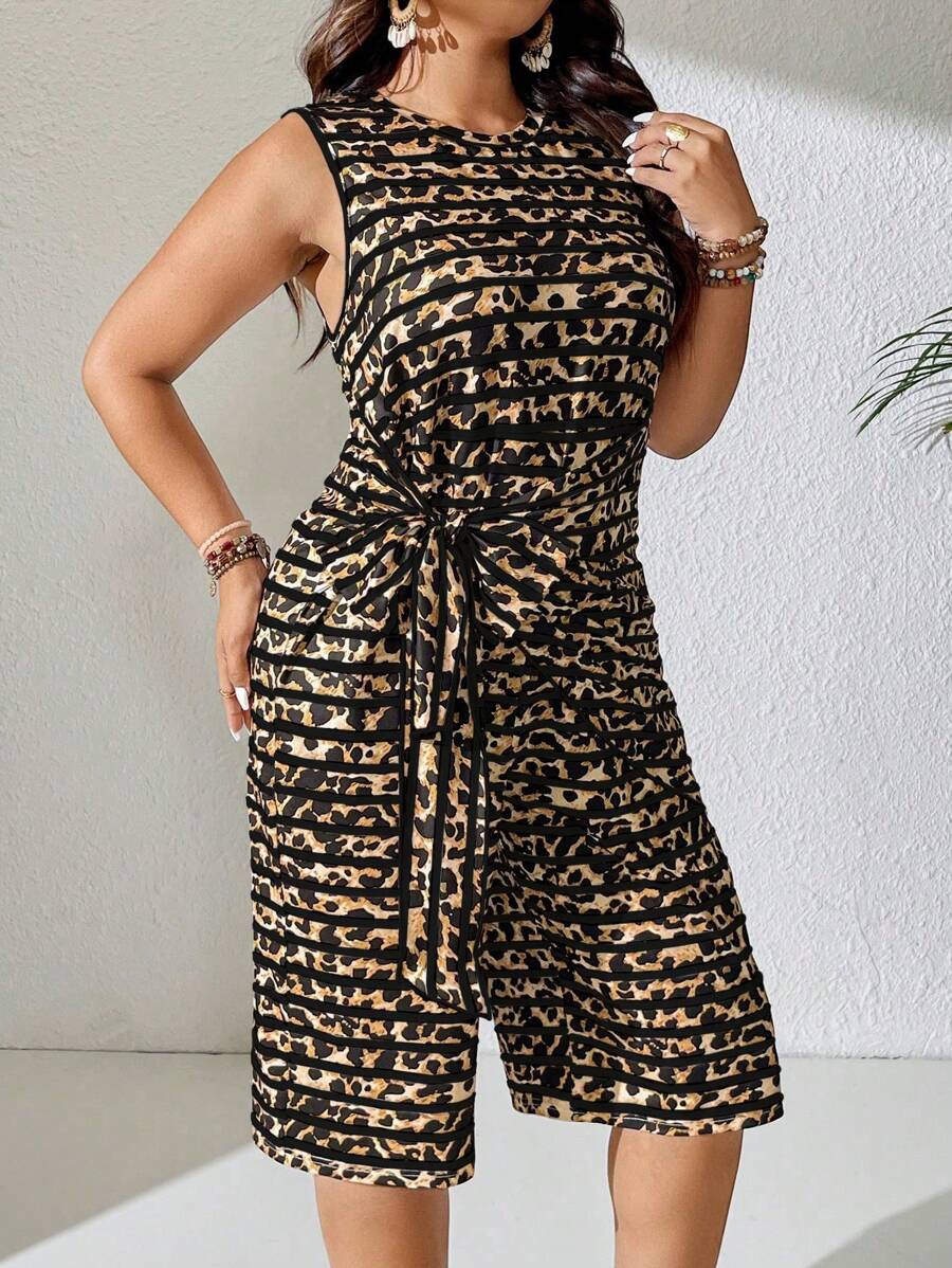 Calvaya Plus Size Soft Knit Leopard Stripe Print Round Neck Sleeveless Bowknot Waist Wide Leg Capri Pants,Summer,Tie Dye,Smart Casual,Everyday Women Clothes - Multicolor - View 1