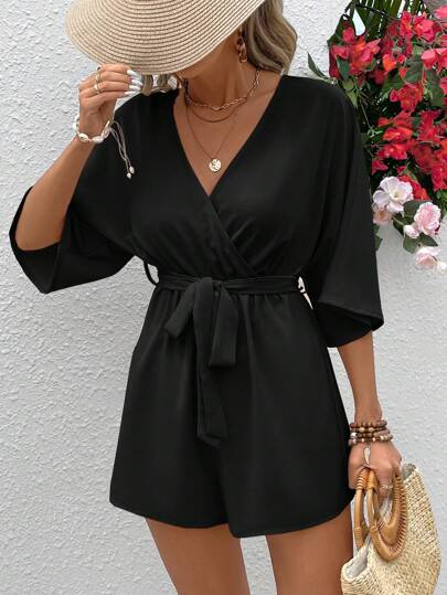 Vivid Eden Women's V-Neck Cross Wrap Waist Tie Floral Lace Texture Fabric Casual Vacation Romper For Summer