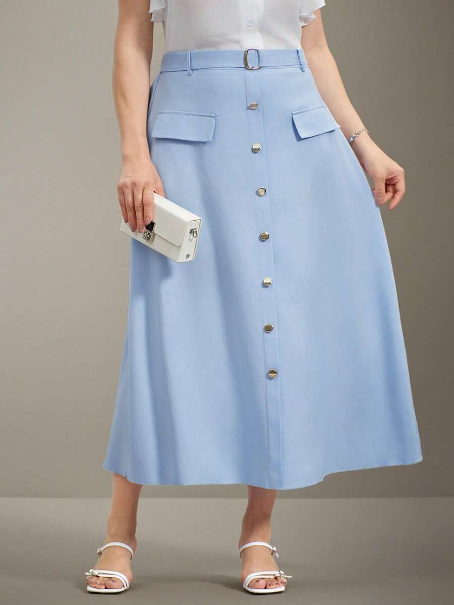 Flouryn تنورة أنيقة مزينة بأزرار على شكل خط A لحجم كبير للنساء (مع حزام الخصر) ملابس نسائية للصيف والعطلات للنساء ذوات المنحنيات، ملابس زفاف من شاين كيرف - الأزرق - مشاهدة 1