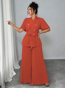 Elenzga Ensemble deux pièces femme grande taille élégant et simple d'été, avec un Top ample à manches courtes plissées et une jupe
