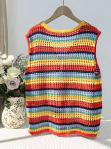 SHEIN EZwear Plus Size Rainbow Striped Loose Kimono Cardigan, Suitable For Summer Vacation - Multicolor - View 2