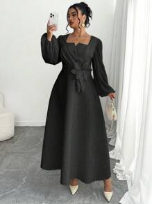 Modelyn 大码女式优雅镂空领口泡泡袖纹理面料连衣裙 - 黑色 - 查看 3