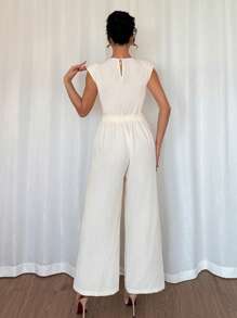 Chiquease 优雅的法国年轻女性日常通勤双面圆领无袖杏色长款开叉连体裤，全白派对装 - 杏色 - 查看 2