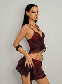 SHEIN ICON Women's Red Two-Piece Co-Ord Set Semi-Sheer Mesh Fabric Crop Top With Spaghetti Straps And Wrap Detail And Ruffled Mini Skirt - Red - View 4